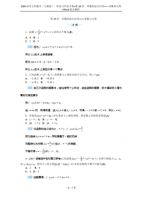 2020高考文科数学(人教版)一轮复习作业手册+第19讲 导数的综合应用——导数和方程+Word版含