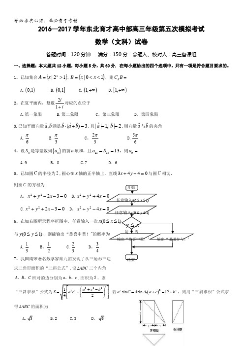 辽宁省沈阳市东北育才学校2017届高三第五次模拟考试数学(文)试题含答案