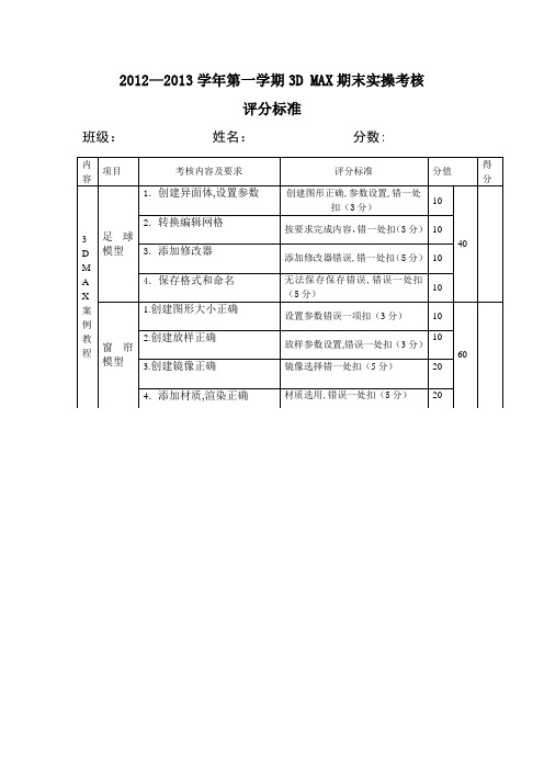 2012-2013学年第一学期3DMAX期末实操考核评分标准