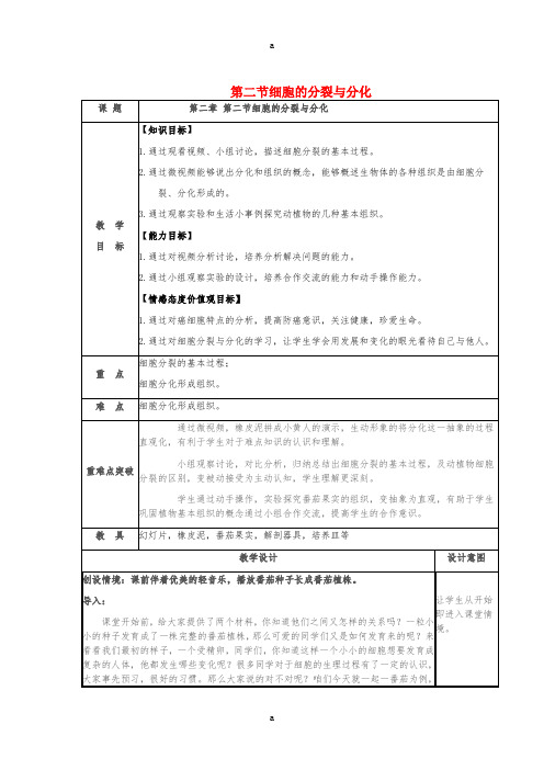 七年级生物上册 第一单元 第二章 第二节 细胞的分裂与分化教案 济南版