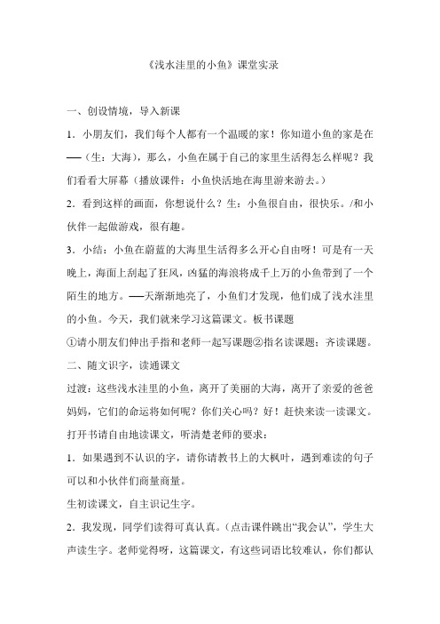 人教版小学语文二年级上册《浅水洼里的小鱼》课堂实录