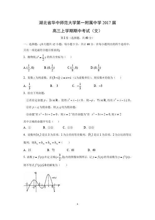 【数学】湖北省华中师范大学第一附属中学2017届高三上学期期中考试(文)