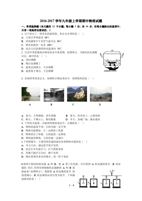2016-2017学年九年级上学期期中物理试题