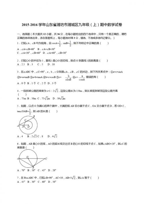 山东省潍坊市潍城区2016届九年级上期中数学试卷含答案解析