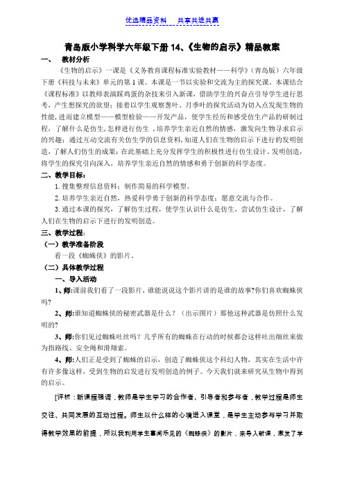 【教学设计】青岛版小学科学六年级下册《生物的启示》精品教案