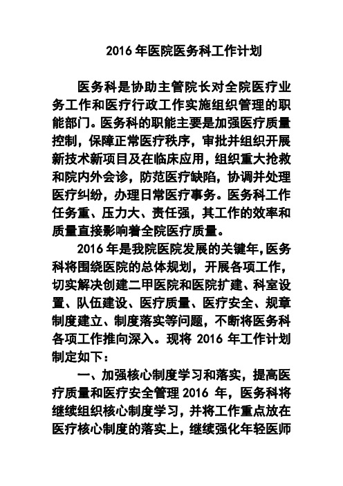 2017年医院医务科工作计划16 精品