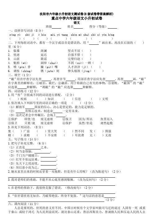 沈阳市六年级小升初语文测试卷(8套试卷带答案解析)