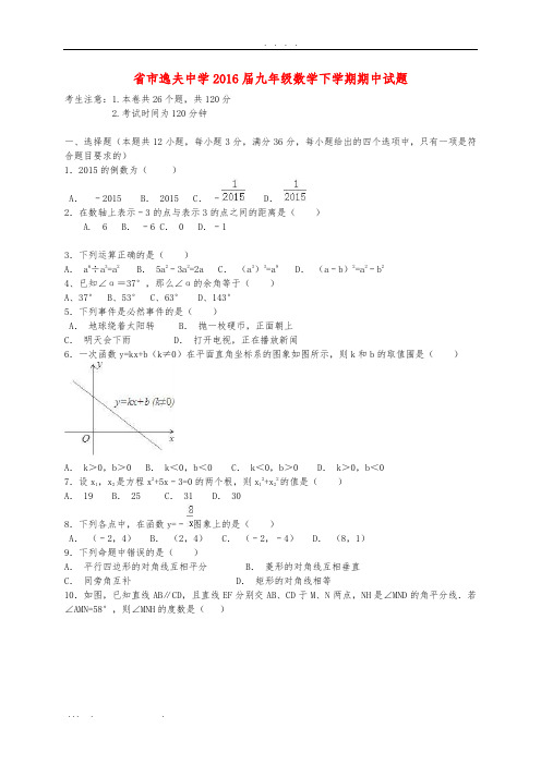 湖南省衡阳市逸夫中学2016届九年级数学下学期期中试题