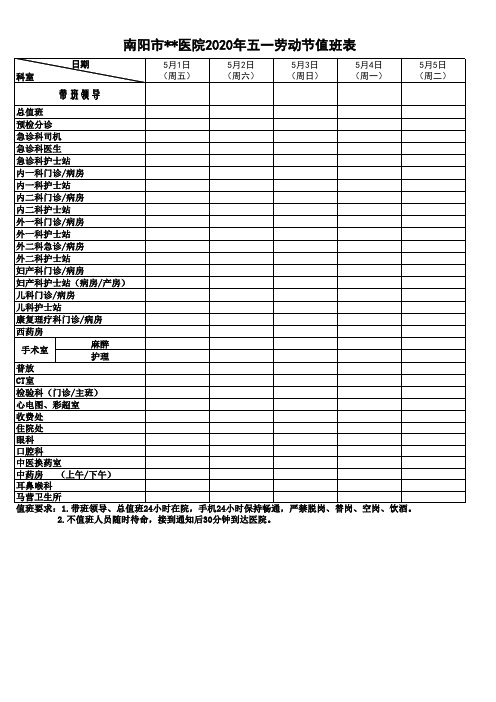 医院2020年劳动节值班表