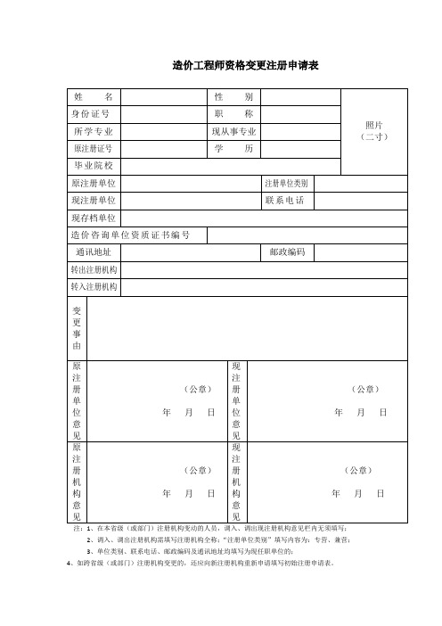 造价工程师资格变更注册申请表