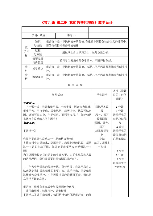 九年级政治全册《第九课 第二框 我们的共同理想》教案 新人教版