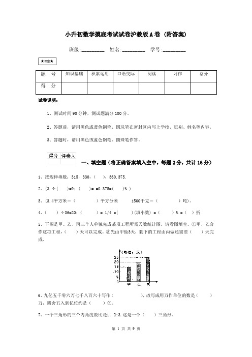 小升初数学摸底考试试卷沪教版A卷 (附答案)