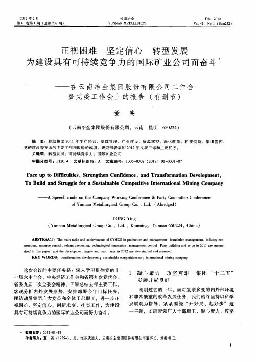 正视困难坚定信心转型发展为建设具有可持续竞争力的国际矿业公司而奋斗——在云南冶金集团股份有限公司