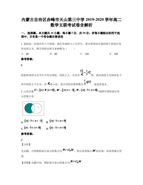 内蒙古自治区赤峰市天山第三中学2019-2020学年高二数学文联考试卷含解析