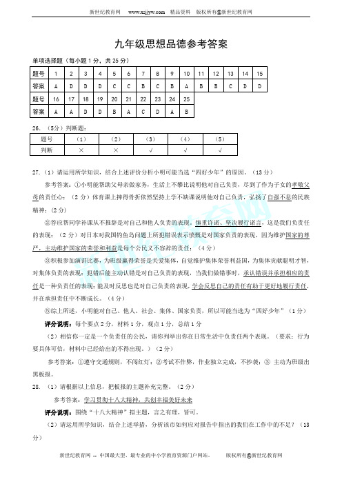 2013～2014学年度上期期中质量调研检测试卷九年级思想品德
