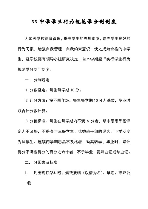 xx中学学生行为规范学分制制度