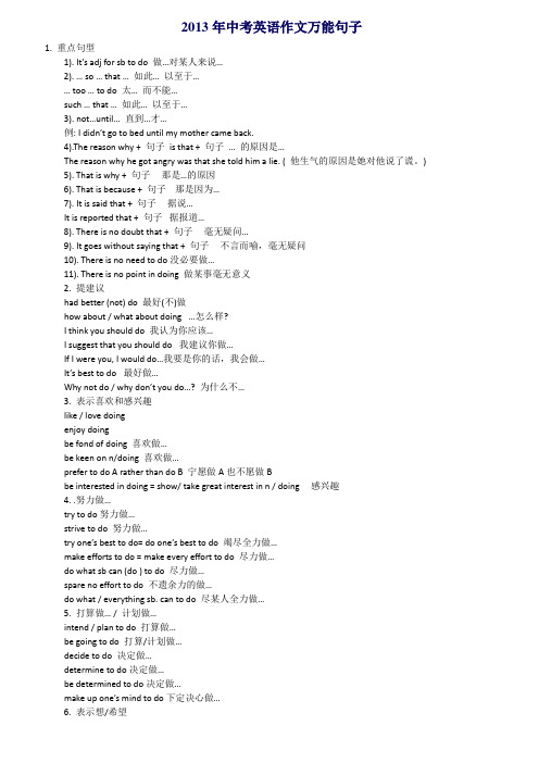 2013年最新中考英语万能作文经典句