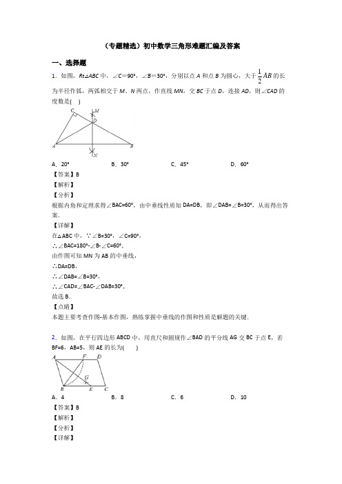 (专题精选)初中数学三角形难题汇编及答案