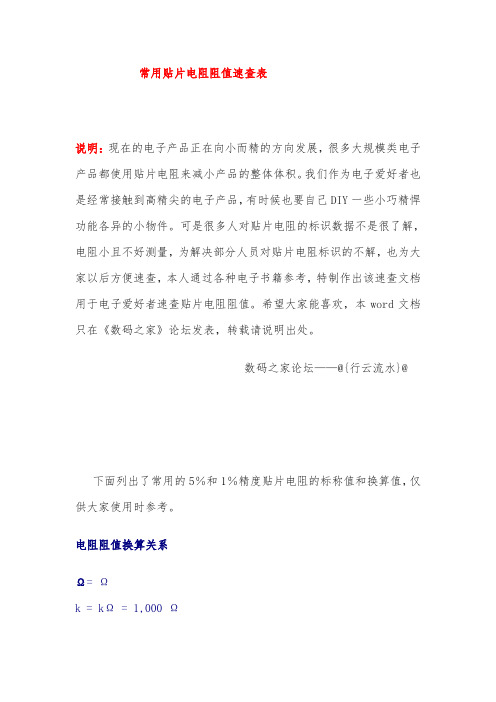 常用贴片电阻阻值速查表