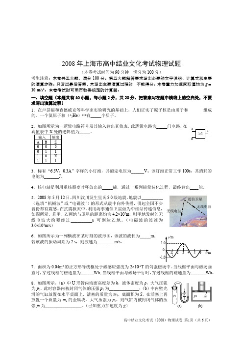 2008年上海市高中物理结业文化考试