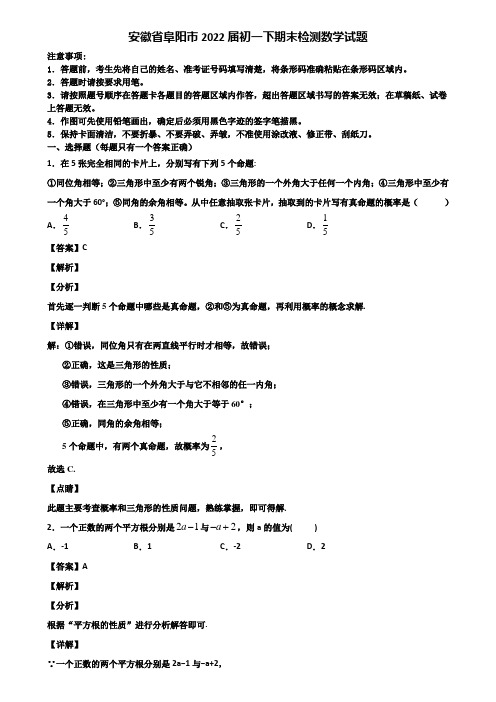 安徽省阜阳市2022届初一下期末检测数学试题含解析
