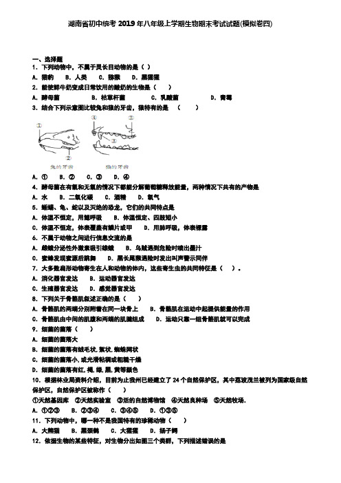 湖南省初中统考2019年八年级上学期生物期末考试试题(模拟卷四)