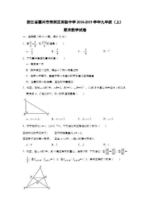 浙江省嘉兴市秀洲区实验中学2018-2019学年九年级(上)期末数学试卷(含答案)