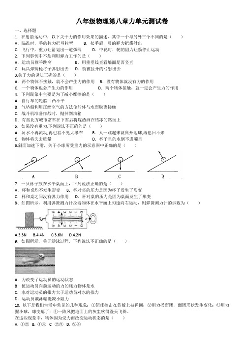 2021学年苏科版八年级物理下册第八章力单元测试卷(含答案)