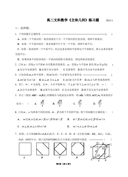 2015年高二文科数学《立体几何》练习题