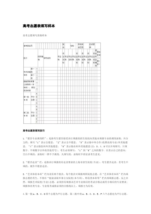 高考志愿表填写样本