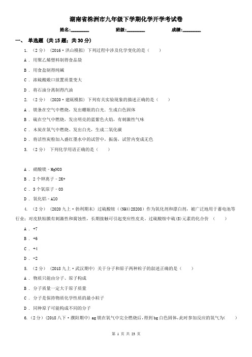 湖南省株洲市九年级下学期化学开学考试卷