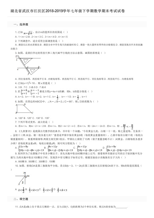 湖北省武汉市江汉区2018-2019学年七年级下学期数学期末考试试卷及参考答案