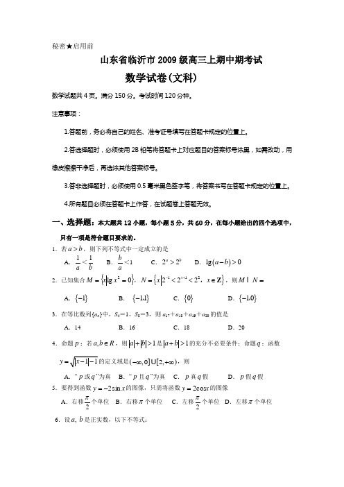 山东省临沂市2009级高三上期中期考试文科试题