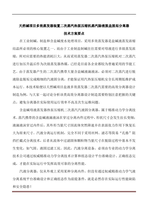 天然碱项目多效蒸发器装置二次蒸汽热泵压缩机专用蒸汽除液脱盐脱垢分离器技术方案要点