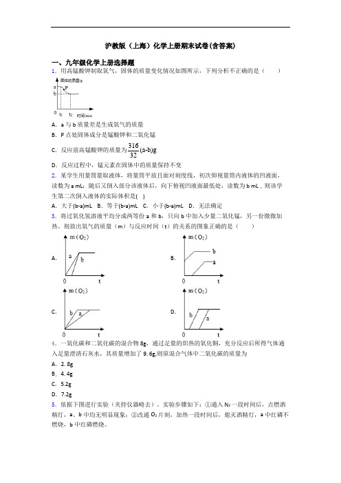 沪教版(上海)化学初三化学上册期末试卷(含答案)