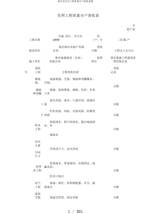 重庆市住宅工程质量分户验收表格
