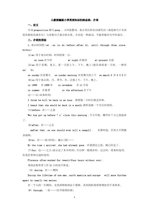 人教部编版小学英语知识归纳总结：介词