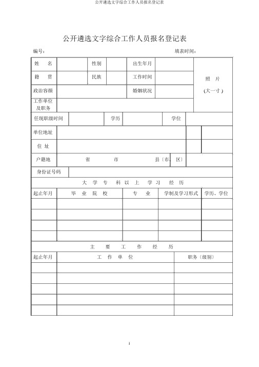 公开遴选文字综合工作人员报名登记表