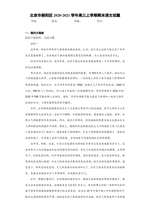 北京市朝阳区2020-2021学年高三上学期期末语文试题