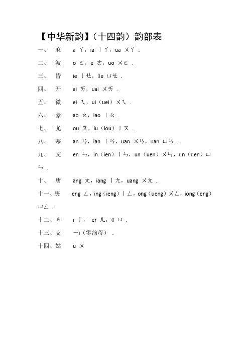 【中华新韵】(十四韵)韵部表