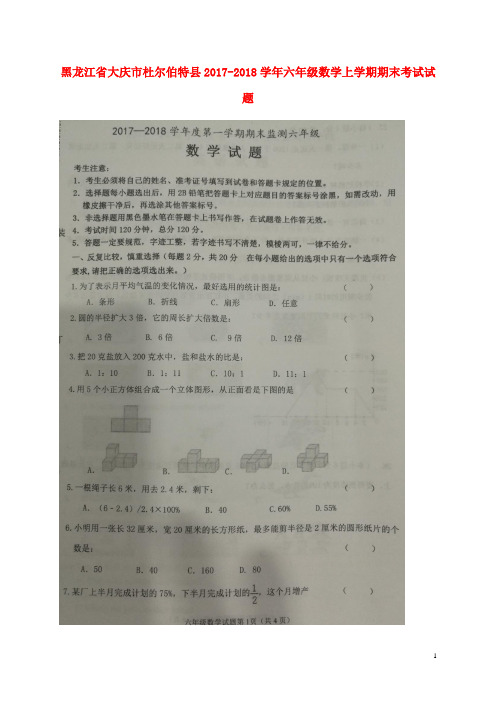 黑龙江省大庆市杜尔伯特县2017-2018学年六年级数学上学期期末考试试题(扫描版) 新人教版五四制