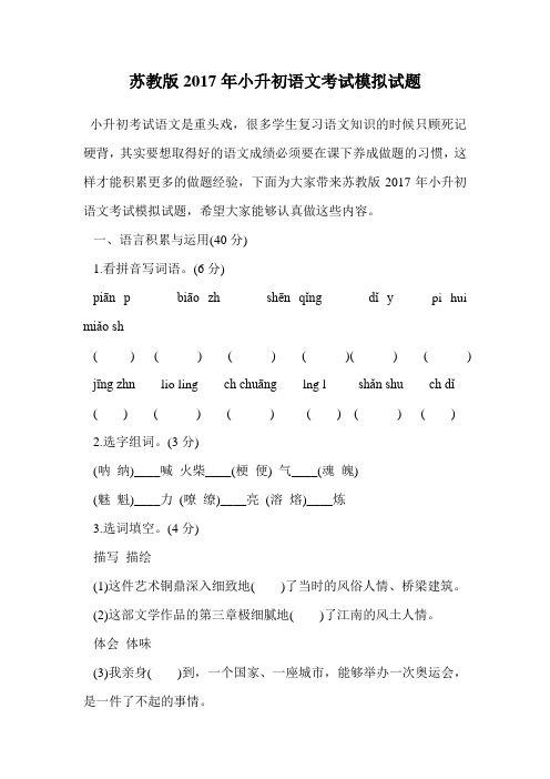 苏教版2017年小升初语文考试模拟试题.doc