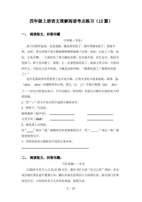 四年级上册语文理解阅读考点练习(12篇)