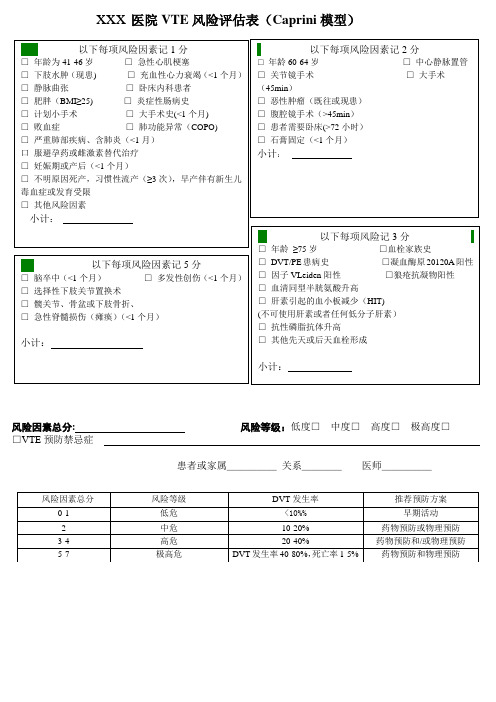 静脉血栓风险评估表