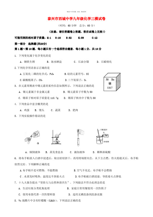 江苏省泰兴市西城中学2018届九年级化学下学期三模考试试题