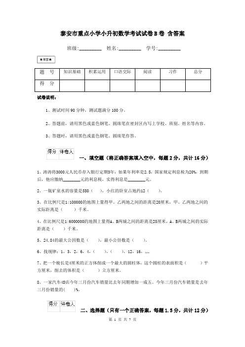 泰安市重点小学小升初数学考试试卷B卷 含答案