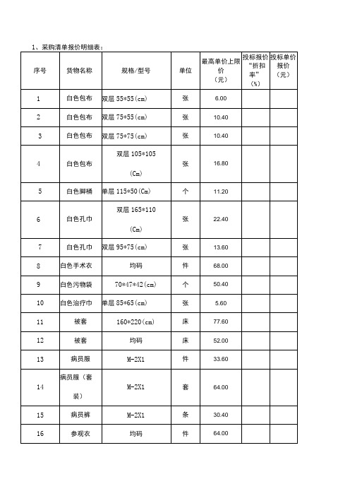 采购清单报价明细表