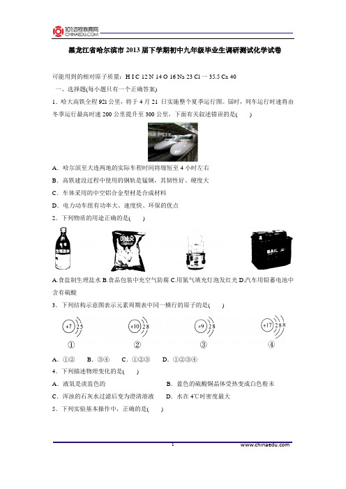 黑龙江省哈尔滨市2013届下学期初中九年级毕业生调研测试化学试卷