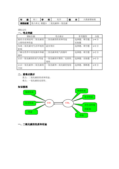 人教版九年级化学上册知识讲义 6.3 二氧化碳和一氧化碳