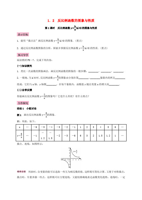 2017秋九年级数学上册 1.2 反比例函数的图像与性质 第1课时 反比例函数y=k∕x(k＞0)学